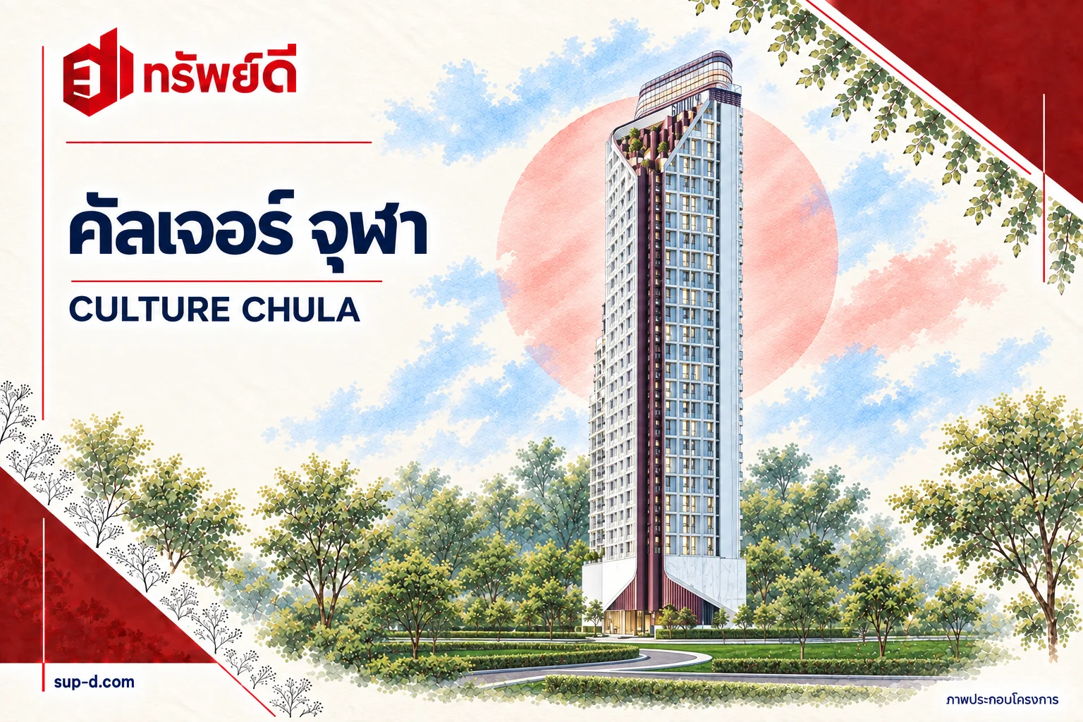 ภาพประกอบอาคารเต็มหลัง คัลเจอร์ จุฬา พร้อมชื่อโครงการและตราทรัพย์ดี