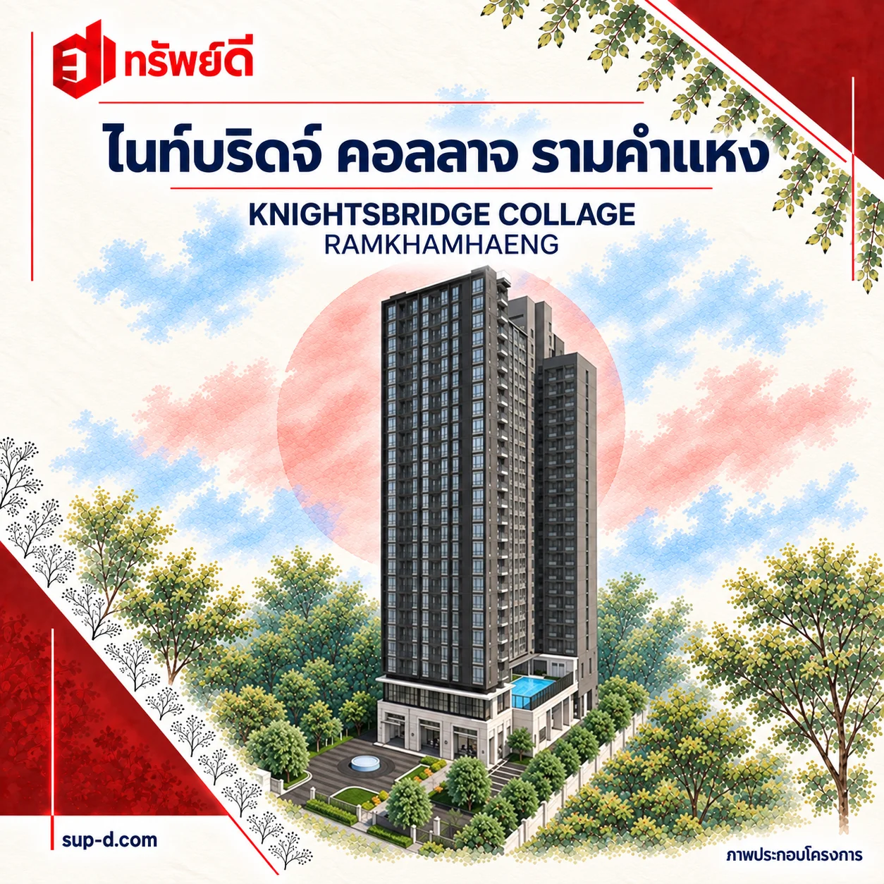 ภาพประกอบอาคารเต็มหลัง ไนท์บริดจ์ คอลลาจ รามคำแหง พร้อมชื่อโครงการและตราทรัพย์ดี · ไม่ใช่ภาพห้อง
