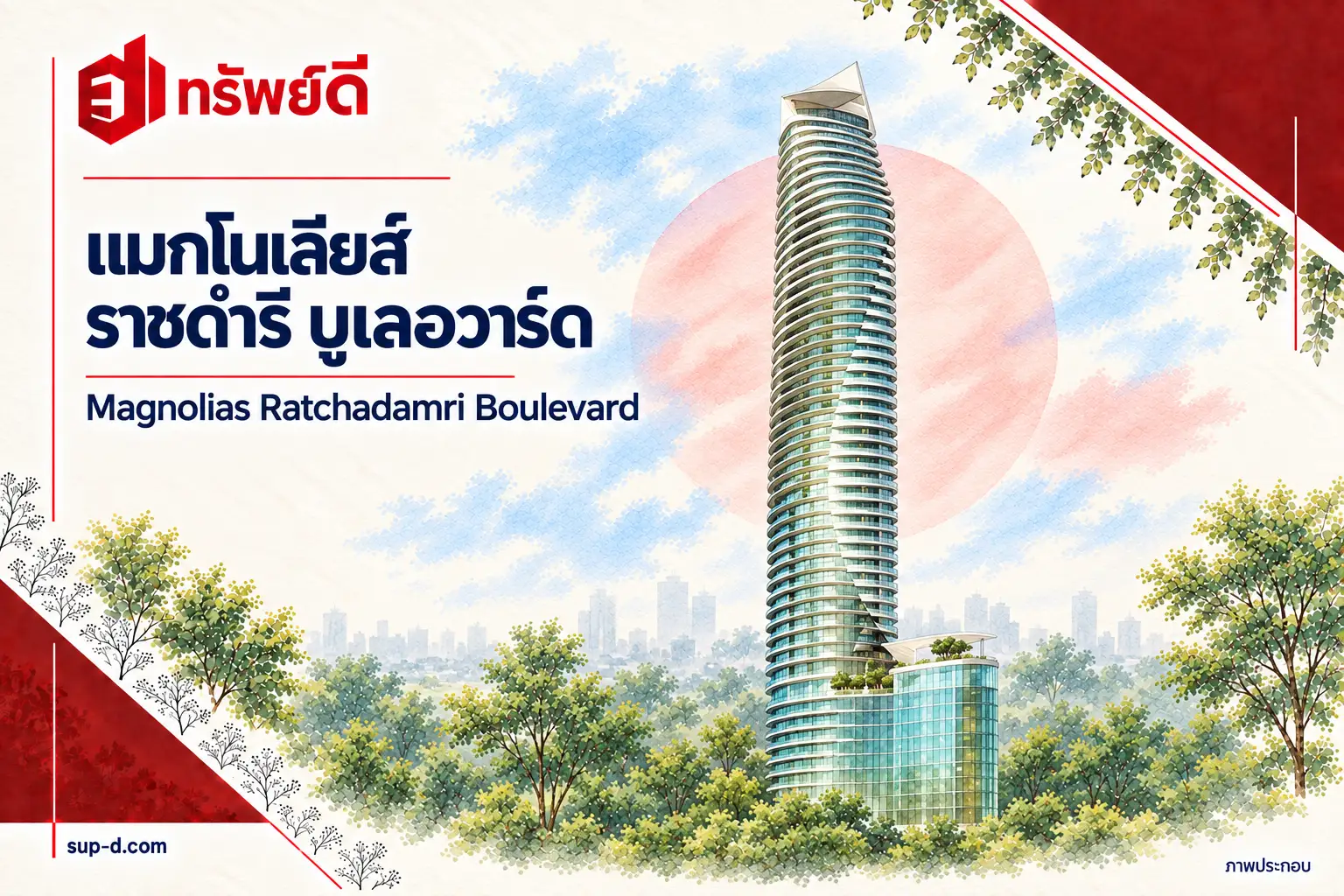 ภาพประกอบโครงการ แมกโนเลียส์ ราชดำริ บูเลอวาร์ด พร้อมชื่อโครงการและตราทรัพย์ดี ไม่ใช่ภาพห้องจริง
