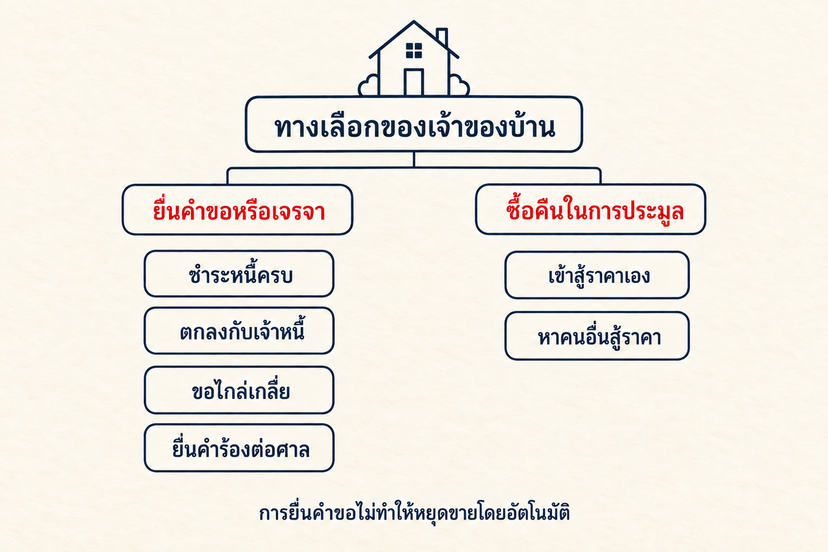 แผนภาพทางเลือกของเจ้าของบ้านเมื่อบ้านถูกยึด: ชำระหนี้ครบ ตกลงกับเจ้าหนี้ ขอไกล่เกลี่ย ยื่นคำร้องต่อศาล เข้าสู้ราคาเอง หรือหาคนอื่นสู้ราคา