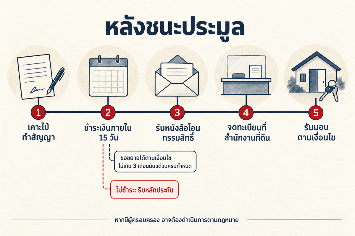ไทม์ไลน์หลังประมูลกรมบังคับคดี ต้องทำอะไร ตั้งแต่ทำสัญญา ชำระเงินภายใน 15 วัน หรือยื่นขอขยายก่อนครบกำหนดซึ่งเจ้าพนักงานอาจอนุญาตไม่เกิน 3 เดือน จนถึงจดทะเบียนโอนที่สำนักงานที่ดินและเข้าครอบครองทรัพย์ พร้อมผลของการไม่ชำระ