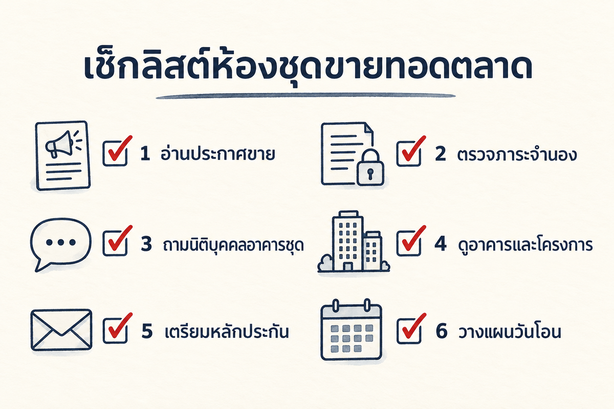 เช็กลิสต์ห้องชุดขายทอดตลาดก่อนประมูล 6 ข้อ: อ่านประกาศขาย ตรวจภาระจำนอง ถามนิติบุคคลอาคารชุด ดูอาคารและโครงการ เตรียมหลักประกัน และวางแผนวันโอน
