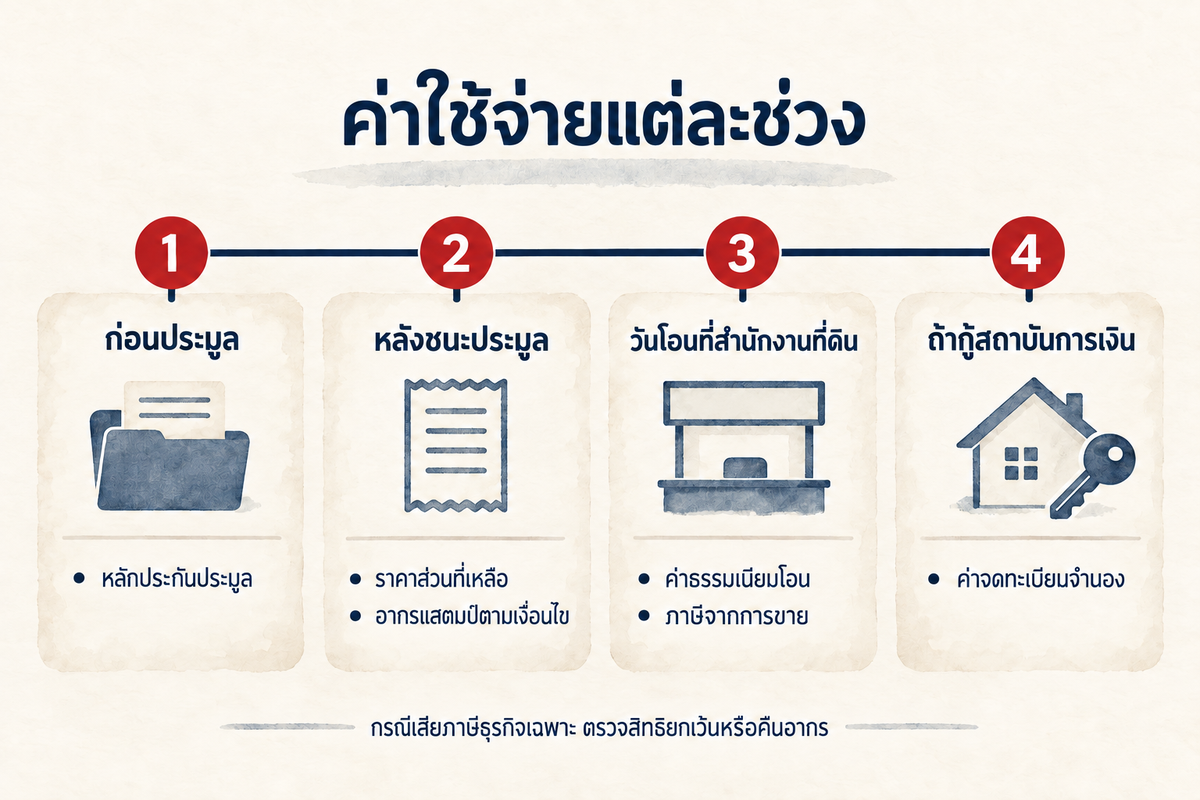 แผนภาพค่าใช้จ่ายซื้อทรัพย์ขายทอดตลาดแบ่งตามช่วงเวลา: ก่อนประมูล หลังชนะประมูล วันโอน และกรณีกู้สถาบันการเงิน