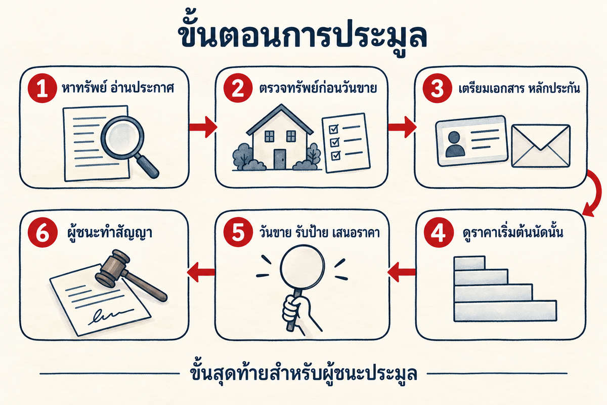 แผนภาพขั้นตอนการประมูลทรัพย์กรมบังคับคดี ตั้งแต่หาทรัพย์ ตรวจทรัพย์ เตรียมเอกสารและหลักประกัน ดูราคาเริ่มต้น เข้าประมูลในวันขาย จนถึงเคาะไม้และทำสัญญา