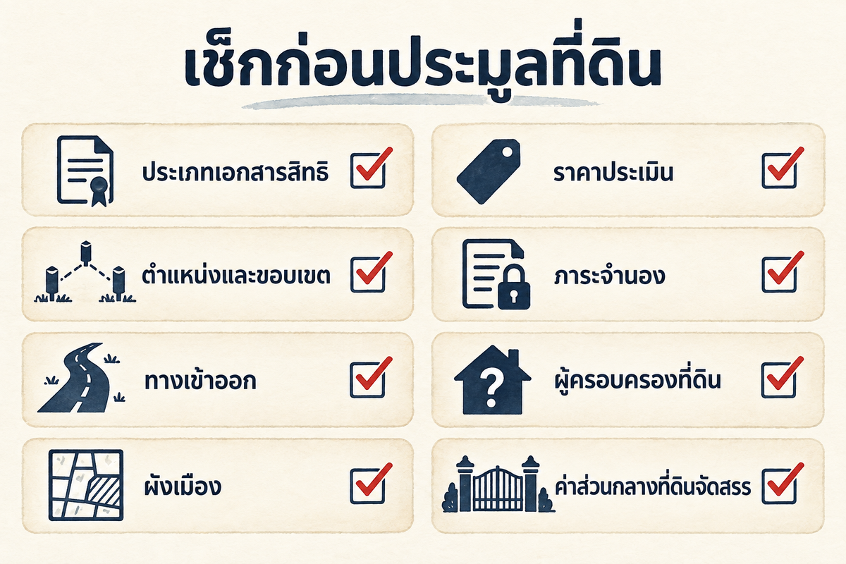 เช็กลิสต์ก่อนซื้อที่ดินกรมบังคับคดี: ประเภทเอกสารสิทธิ ตำแหน่งและขอบเขต ทางเข้าออก ผังเมือง ราคาประเมิน ภาระจำนอง และผู้ครอบครองที่ดิน