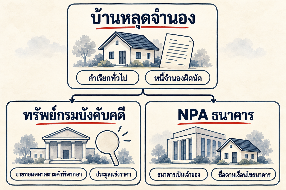 บ้านหลุดจำนองเป็นคำเรียกทั่วไป ภาพแยกช่องทางทรัพย์กรมบังคับคดีกับ NPA ธนาคารใต้คำเรียกนี้
