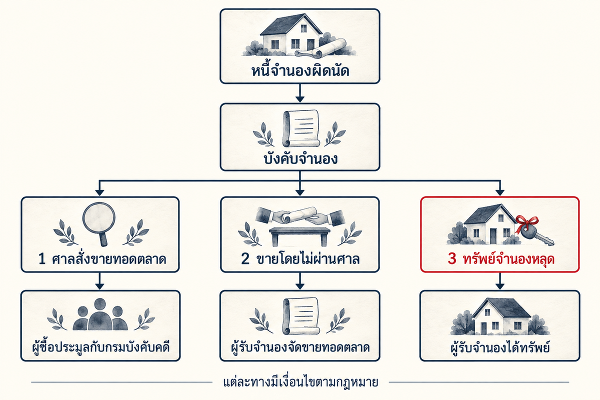 แผนภาพสามทางของการบังคับจำนอง เริ่มจากหนี้จำนองผิดนัด แยกเป็นศาลสั่งขายทอดตลาดซึ่งผู้ซื้อประมูลกับกรมบังคับคดี ขายโดยไม่ผ่านศาลซึ่งผู้รับจำนองจัดขายทอดตลาด และทรัพย์จำนองหลุดซึ่งผู้รับจำนองได้ทรัพย์