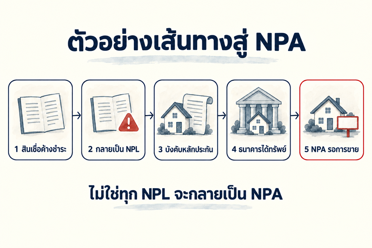 แผนภาพตัวอย่างเส้นทางที่ทรัพย์กลายเป็น NPA ห้าขั้น สินเชื่อค้างชำระ กลายเป็น NPL บังคับหลักประกัน ธนาคารได้ทรัพย์ และ NPA รอการขาย